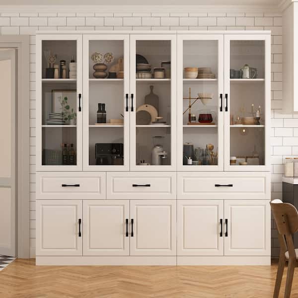 FUFU&GAGA White Wood Storage Cabinet Combination Cabinet W/Adjustable Shelves, Glass Doors (78.7 in. W x 15.7 in. D x 78.7 in. H)