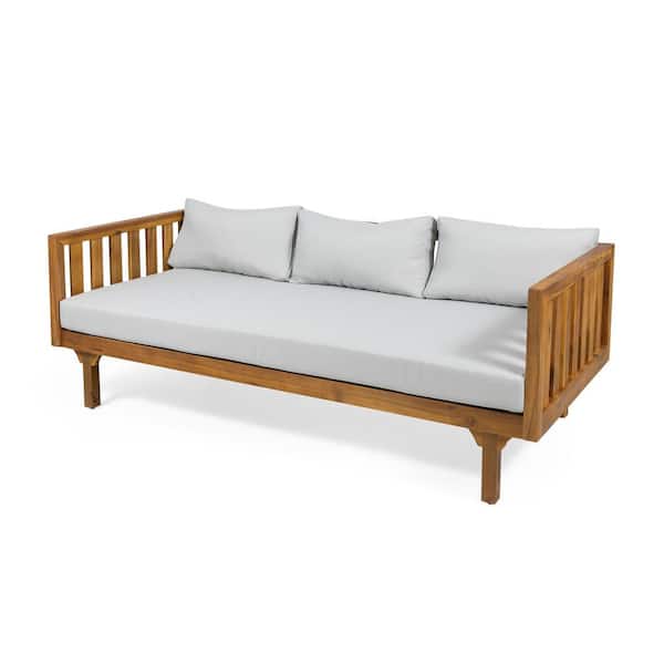 3-Seat Brown Wood Outdoor Day Bed with White Cushions