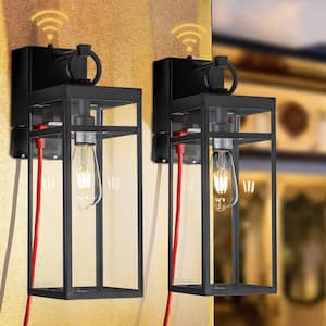 1 Light Black Dusk to Dawn Sensor Outdoor Wall Sconces with Clear Glass and built-in GFCI Outlets (2-Pack）