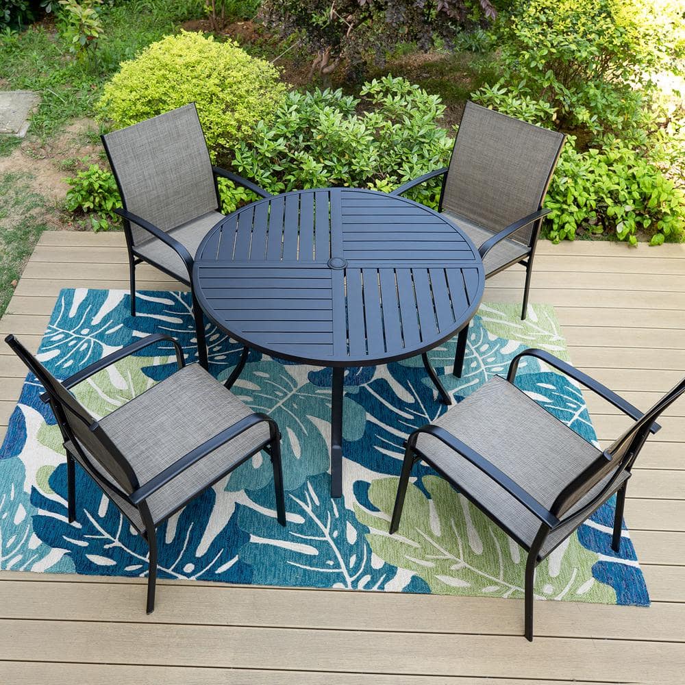 Black 5-Piece Metal Slat Round Table Patio Outdoor Dining Set with Brown Textilene Chairs -  PHI VILLA, THD5-409-154Z