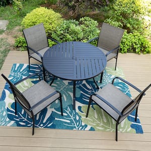 Black 5-Piece Metal Slat Round Table Patio Outdoor Dining Set with Brown Textilene Chairs