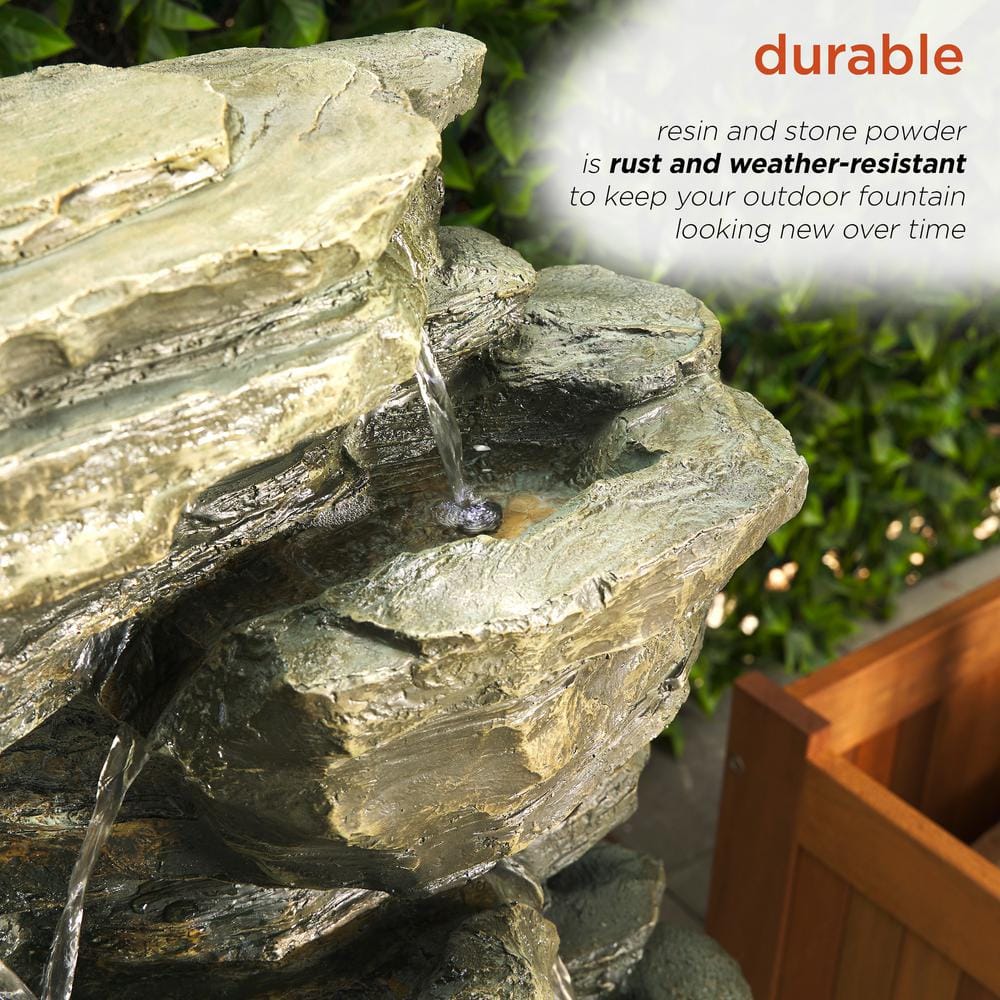 Gray Stone 39" Solar Powered Tiered Rock Fountain with LED Lights
