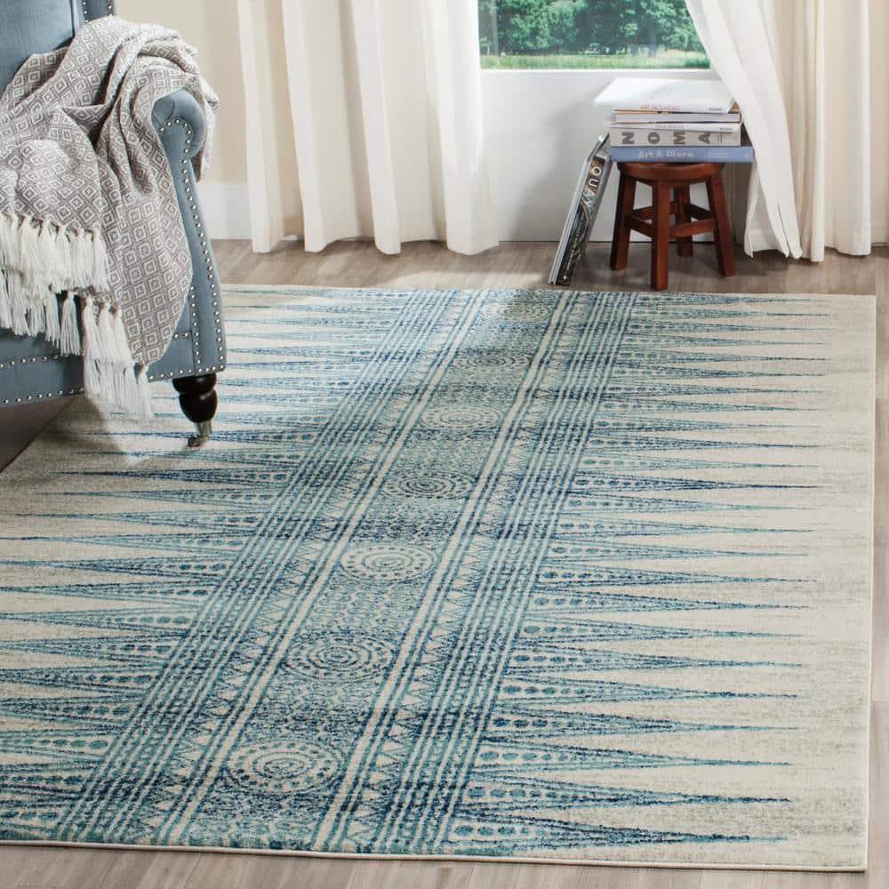 Ivory and Turquoise High Pile Synthetic Area Rug