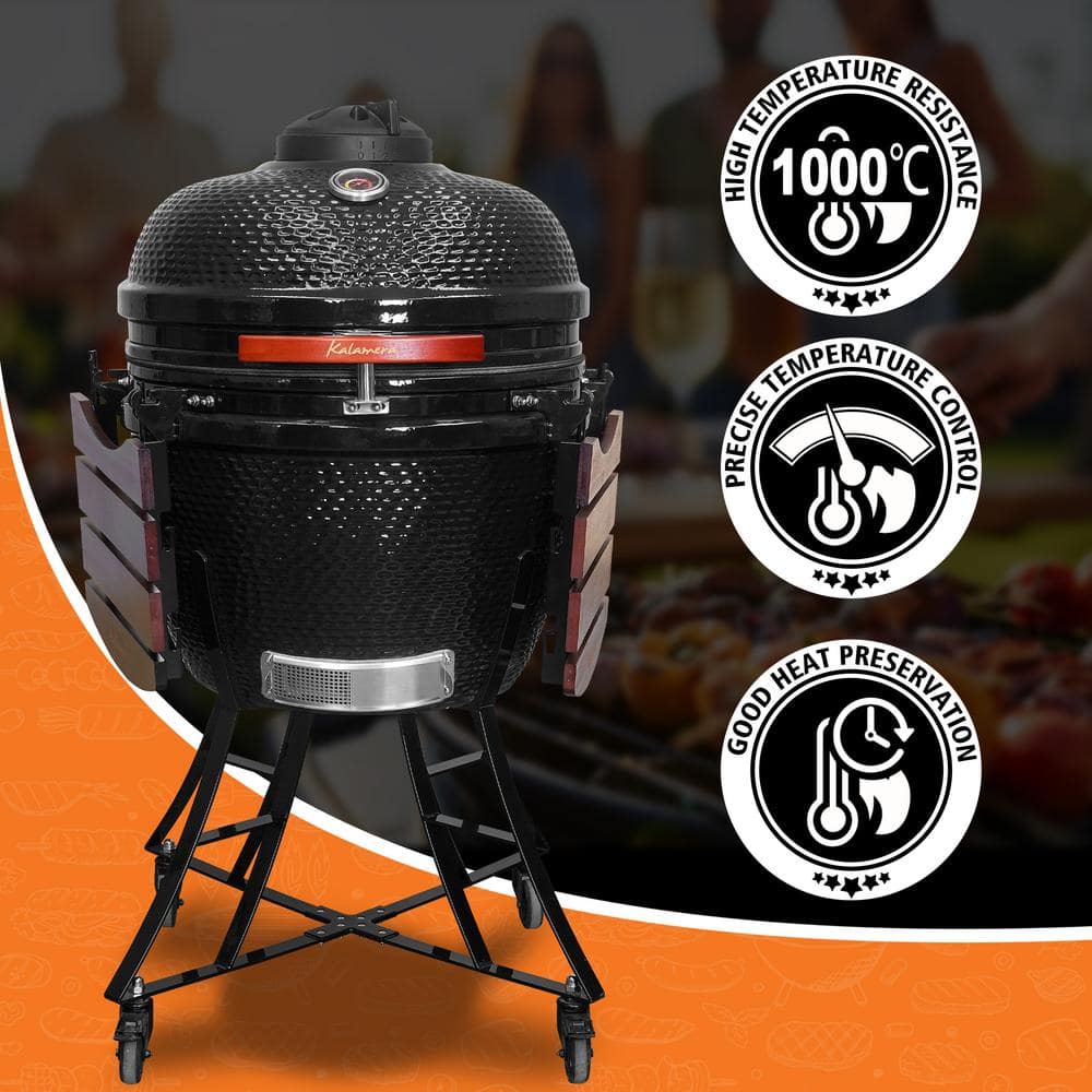 Kalamera 24'' Black Ceramic Kamado Charcoal Grill with Cart