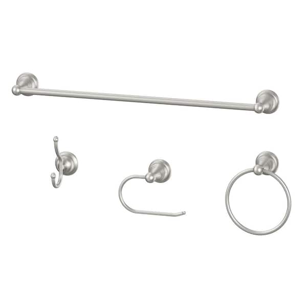 PRIVATE BRAND UNBRANDED Ivie 4-Piece Bath Hardware Set with Towel Ring, Toilet Paper Holder, Robe Hook and 24 in. Towel Bar in Brushed Nickel