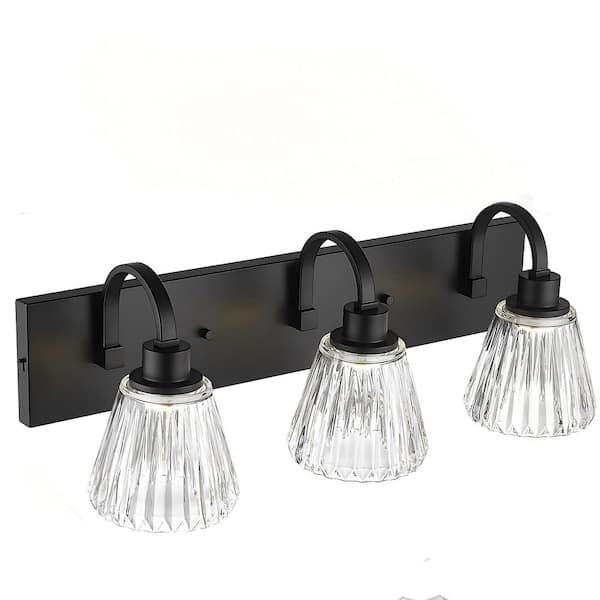 JAZAVA 23 in. 3 Light Black LED Vanity Light with Fluted Ripple Glass