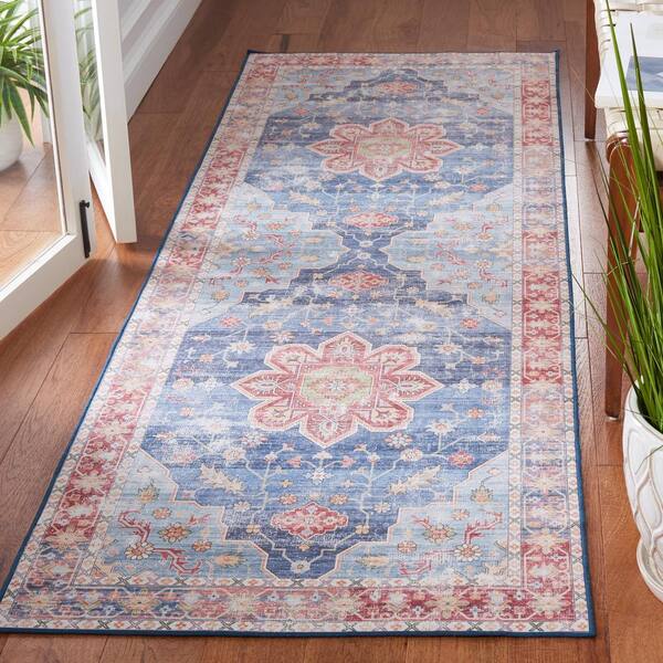 Tuscon Blue/Rust 3 ft. x 14 ft. Machine Washable Distressed Medallion Runner Rug