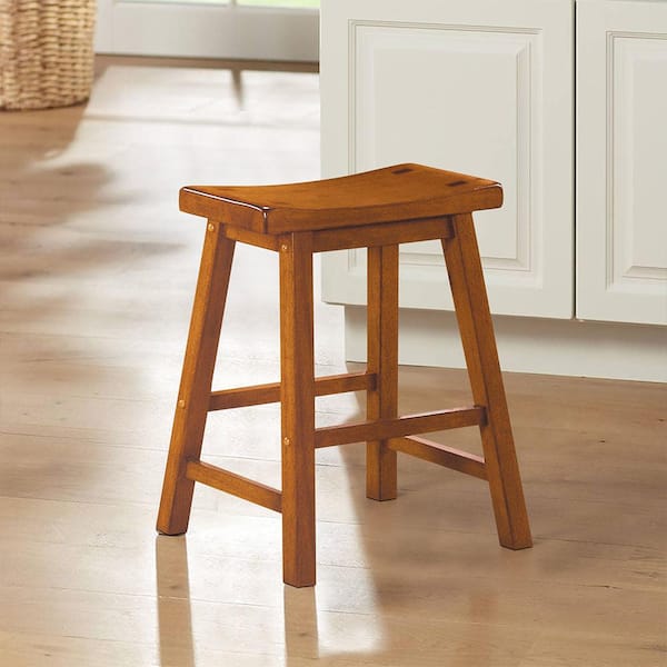 Nisky 17 in. Oak Finish Solid Wood Dining Stool with Wood Seat (Set of 2)