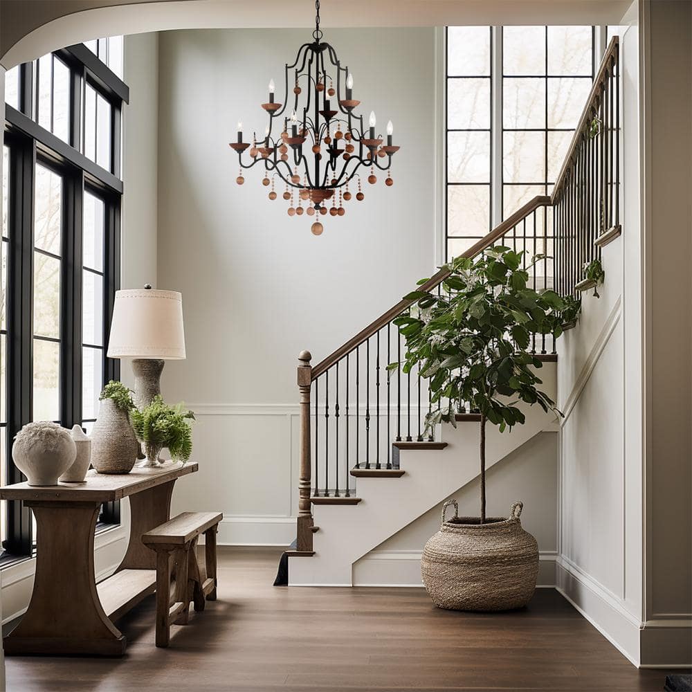 Old World Bronze and Walnut 9-Light Candle Chandelier