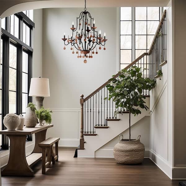 Colonial Charm 9-Light Old World Bronze Candlestick Chandelier with Walnut Accents