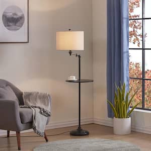 New York 60 in. Black Tray Table Floor Lamp with Oatmeal Linen Shade