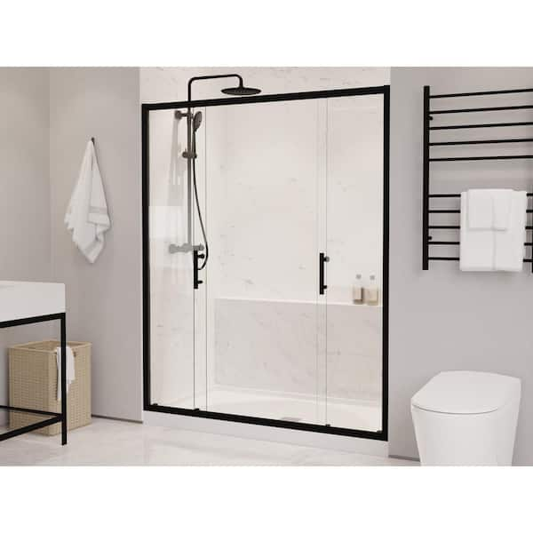 Romance Series 60 in. x 70 in. H Sliding Framed Shower Door in Matte Black with Tsunami Guard Tempered Clear Glass