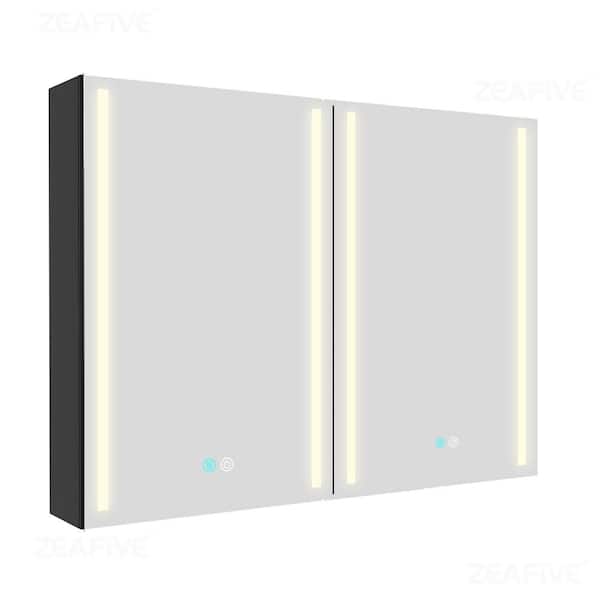 Zeafive 40 in. W x 30 in. H Rectangular Black Aluminum Surface Mount Lighted Bathroom Medicine Cabinet with Mirror and Defogger