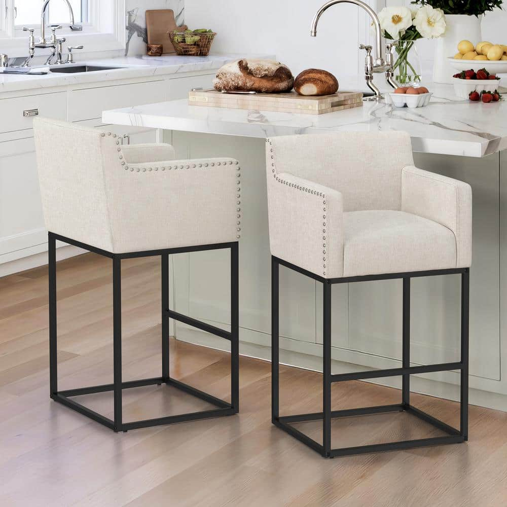 Luna 30 in. Linen Fabric Upholstered Counter Bar Stool with Black Metal Frame Square Counter Stool Set of 2 -  LUE BONA