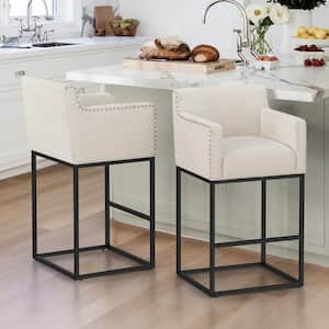 Luna 30 in. Linen Fabric Upholstered Counter Bar Stool with Black Metal Frame Square Counter Stool Set of 2