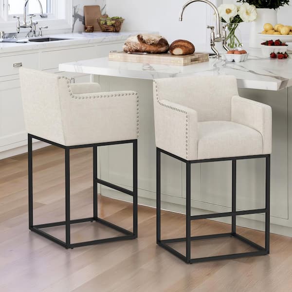 LUE BONA Luna 30 in. Linen Fabric Upholstered Counter Bar Stool with Black Metal Frame Square Counter Stool Set of 2