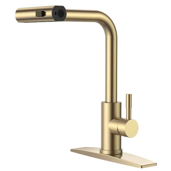 90 Degree Single Handle Pull Down Sprayer Kitchen Faucet with 12.4 in. High Pull Out Spray Wand Deckplate in Gold