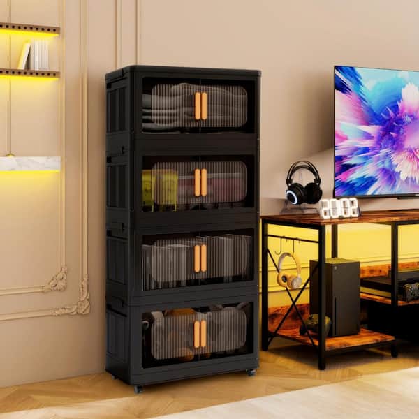 Unbranded 40.5 in. H Black Plastic Folding Storage Cabinet w/Wheel 4-Tier Collapsible Storage Bin with Magnetic Door Storage Box