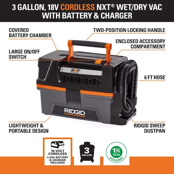 RIDGID 3 Gallon 18-Volt Cordless Handheld NXT Wet/Dry Vacuum with