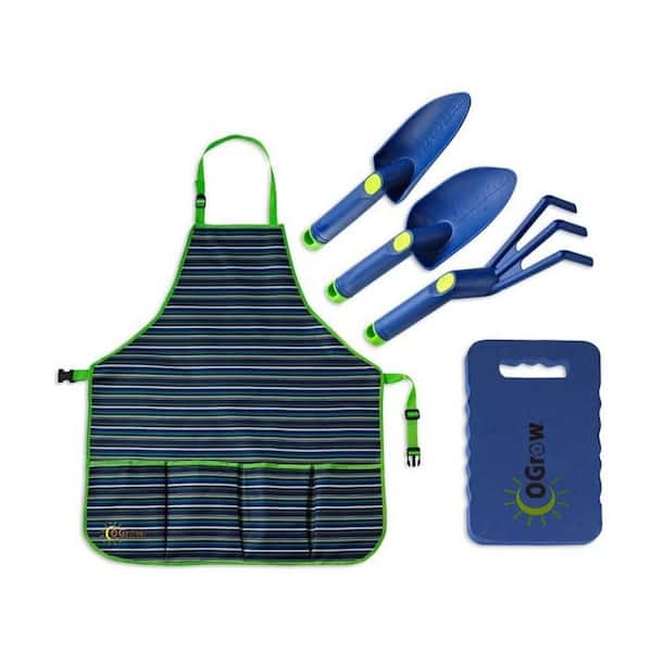 Ogrow Extra Wide Apron and Kneeling Pad Blue Complete Gardening Kit Tool Set (3-Piece)