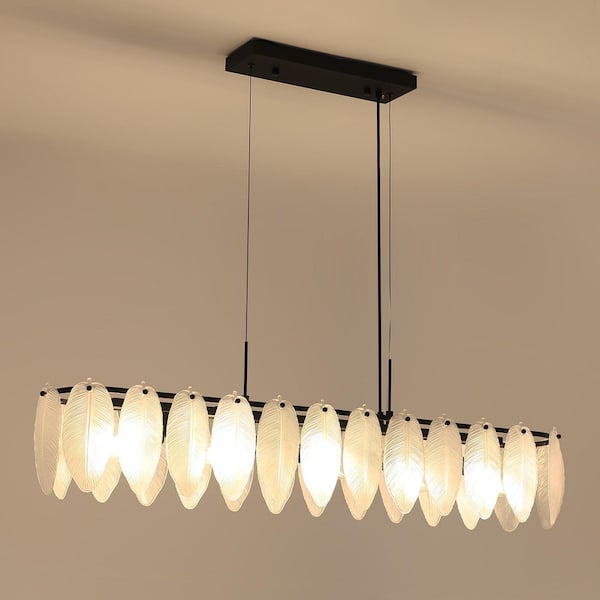 5-Light Black and Frosted Glass Leaf Linear Chandelier for Kitchen Island Dining Bedroom Living Room Foyer