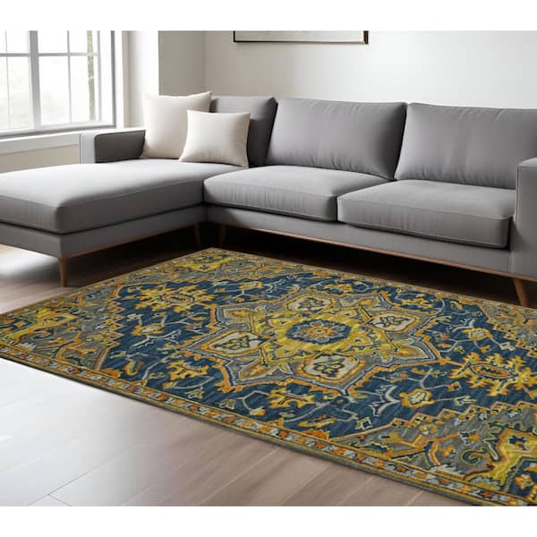 8 ft. x 11 ft. Blue Gray And Orange Wool Medallion Hand Tufted Area Rug
