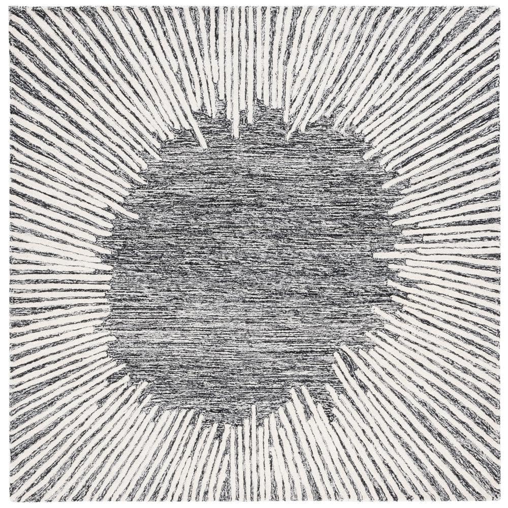 Ivory and Black Abstract Handmade Wool Square Rug, 6 x 6 ft.