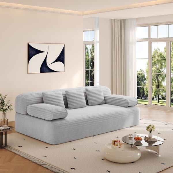 78.7 in. Light Gray Corduroy Floor Sofa/Foam-Filled Sleeper Queen Size Sofa Bed with 3 Pillows, No Assembly Required