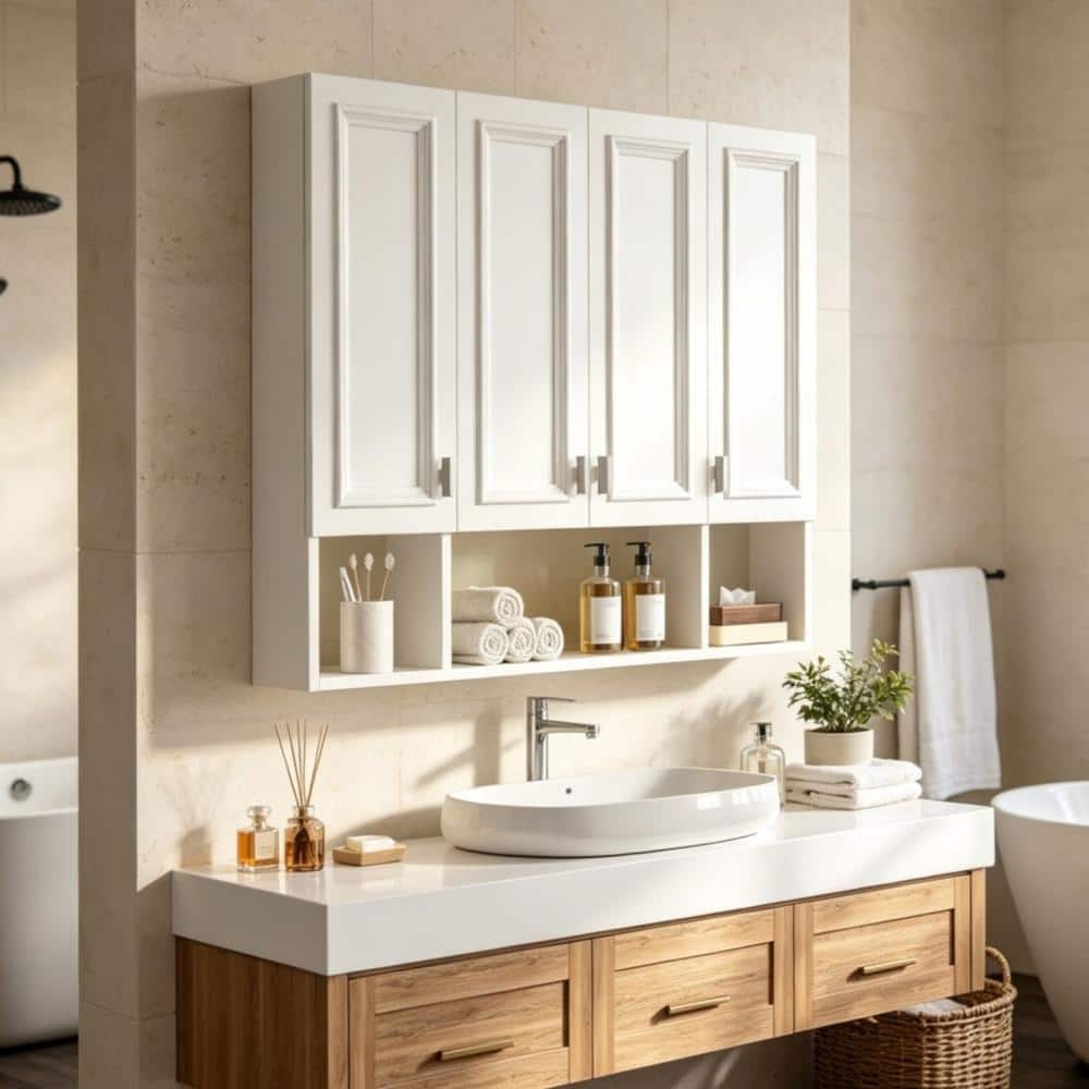 "36"" Bathroom Wall-Mounted Medicine Cabinet with 3 Adjustable Shelves, Soft-Closing Hinges, Open Shelving Design in White" price history on PriceWatchPro