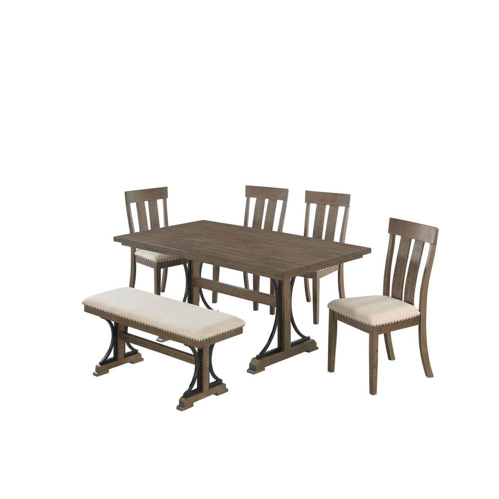 Best Quality Furniture Manin 6pc dining set brown Oak Beige Linen