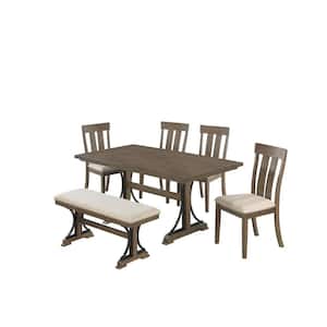 Manin 6-pc dining set brown Oak Beige Linen Fabric with Bench