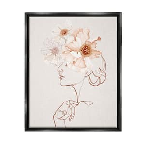 Delicate Pink Flower Blossoms Woman Line Drawing by Ros Ruseva Floater Frame Nature Wall Art Print 31 in. x 25 in.