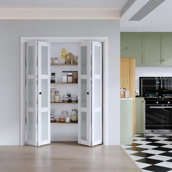 60 in. x 80 in. (Double 30 in. Bifold Doors) 3-Lite Frosted Glass White Solid MDF Bi-Fold Door with Hardware Kit