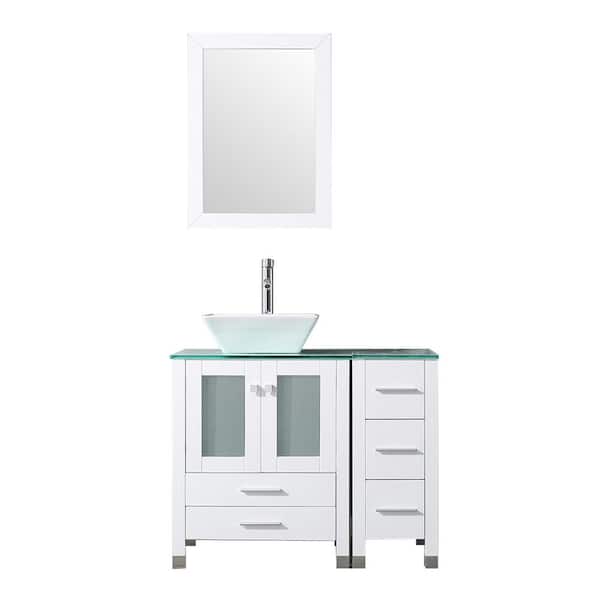 walsport 36.4 in. W x 21.7 in. D x 60 in. H Single Sink Bath Vanity in White with Glass Countertop and Ceramic Sink and Mirror