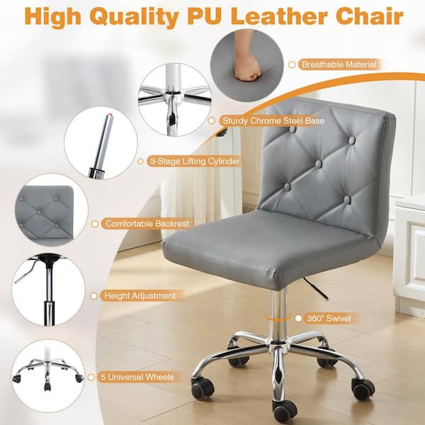 Armless Desk Chair Faux Leather Upholstered Ergonomic Task Chair in Gray with Wheels
