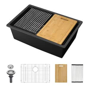 28 in. x 19 in. Undermount Single Bowl Black Quartz Kitchen Sink with Bottom Grid, Cutting Board and Drying Roll-up Rack