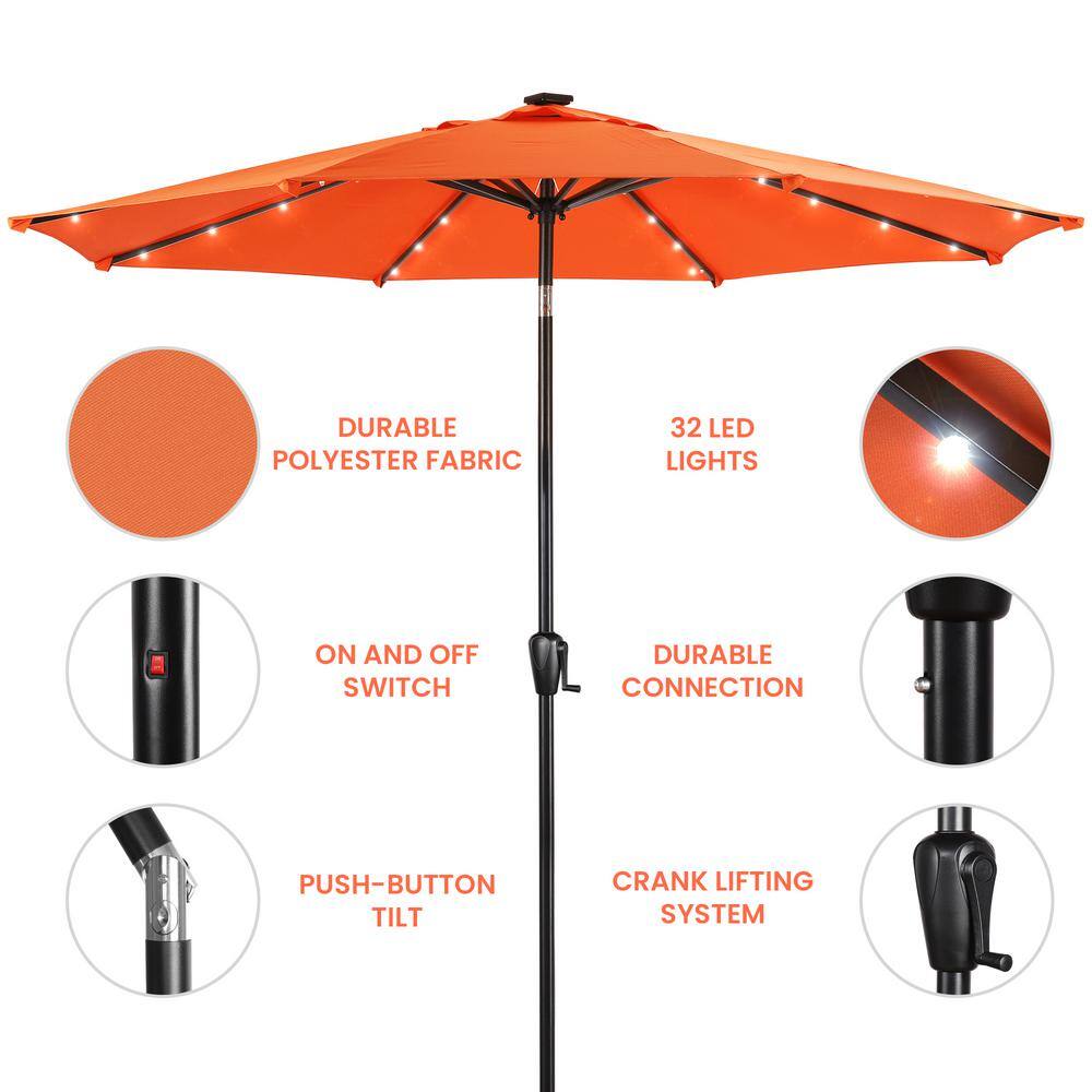 9' Orange Round Steel Patio Umbrella with Solar LED Lights