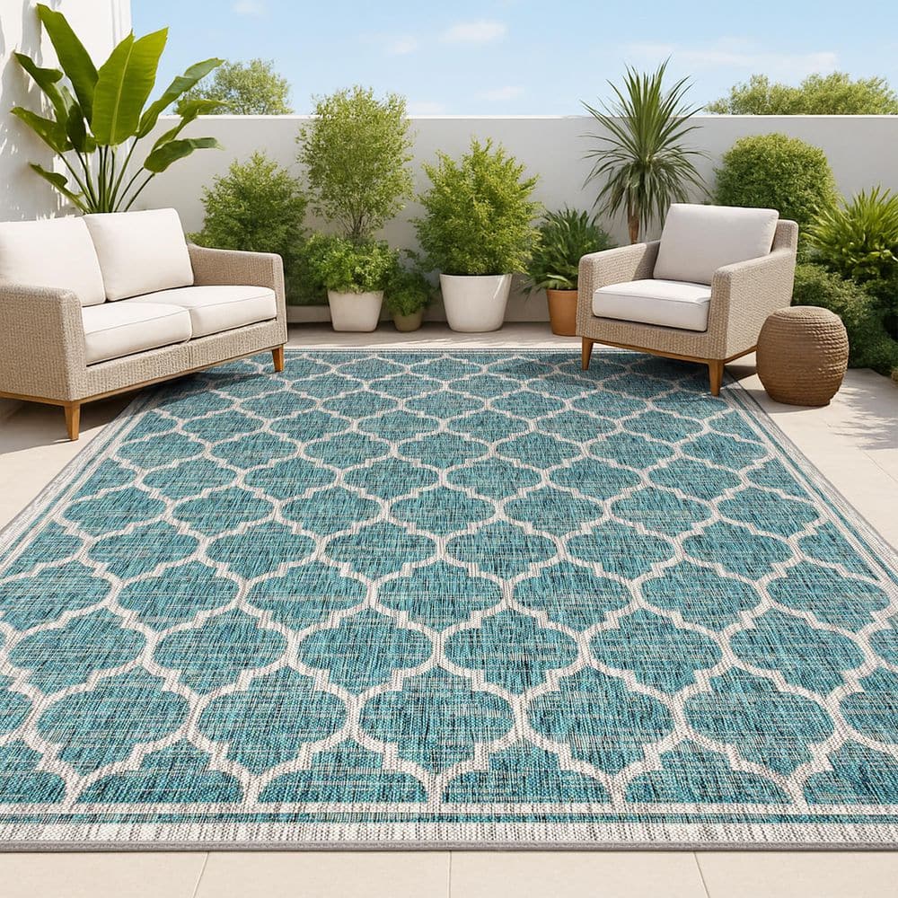 Trebol Moroccan Trellis Teal/Gray 5 ft. 3 in. x 7 ft. 7 in. Textured Weave Indoor/Outdoor Area Rug price history on PriceWatchPro