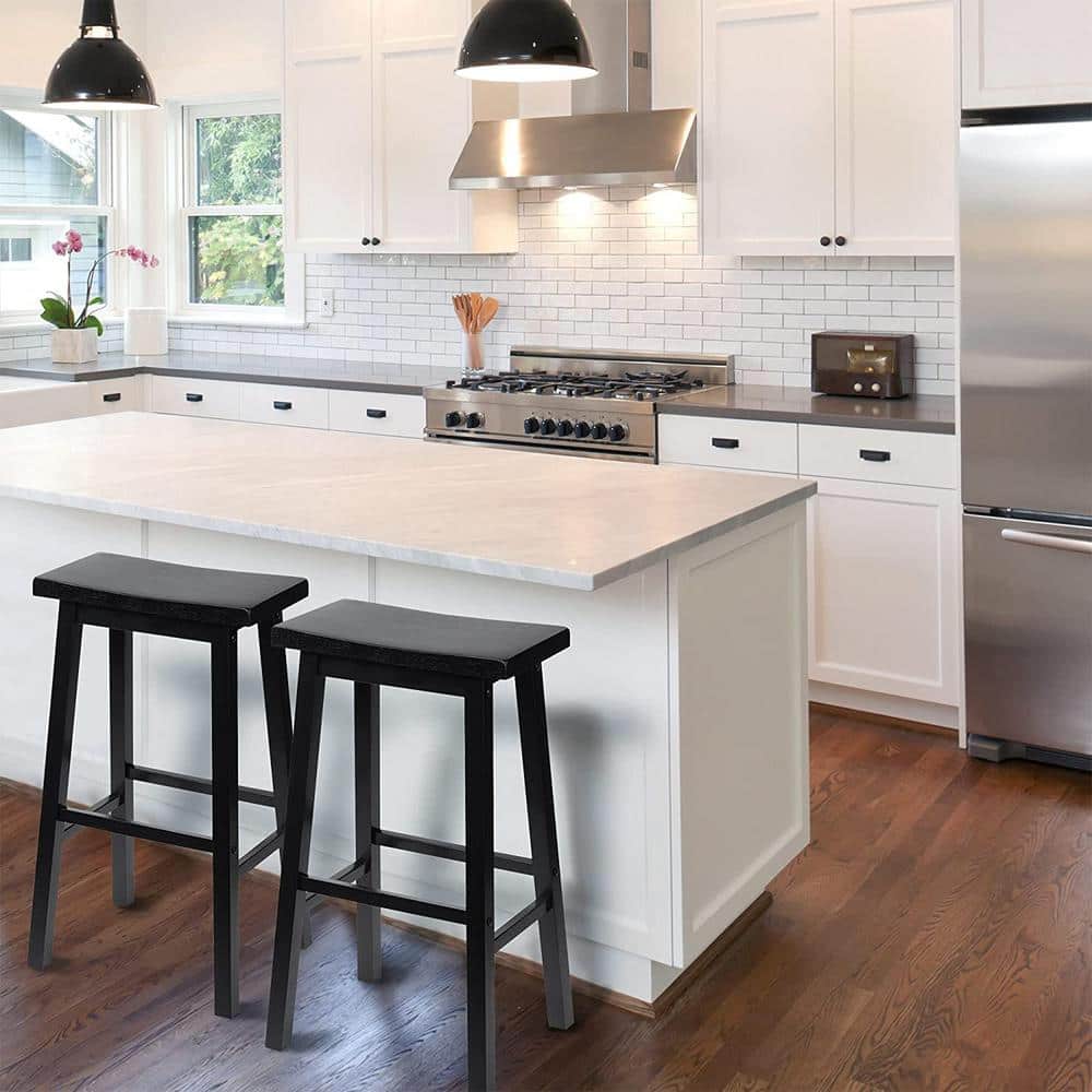 Black Wood Adjustable Backless Saddle-Seat Counter Stools, Set of 2