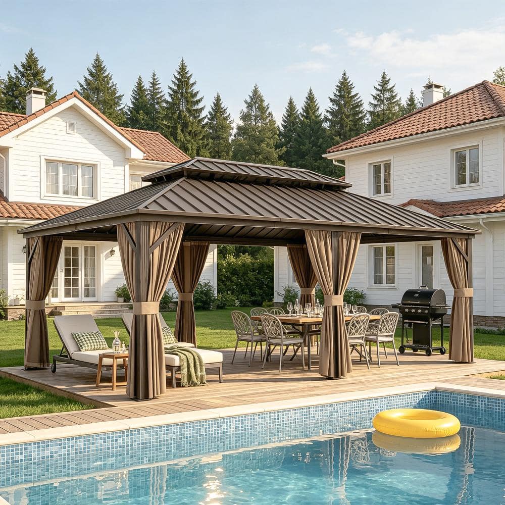 Shade Graphix 20 ft. x 12 ft. Metal Double-Roof Hardtop Gazebo Galvanized Top 2-Tier Aluminum Frame w/ Zippered Curtain and Netting