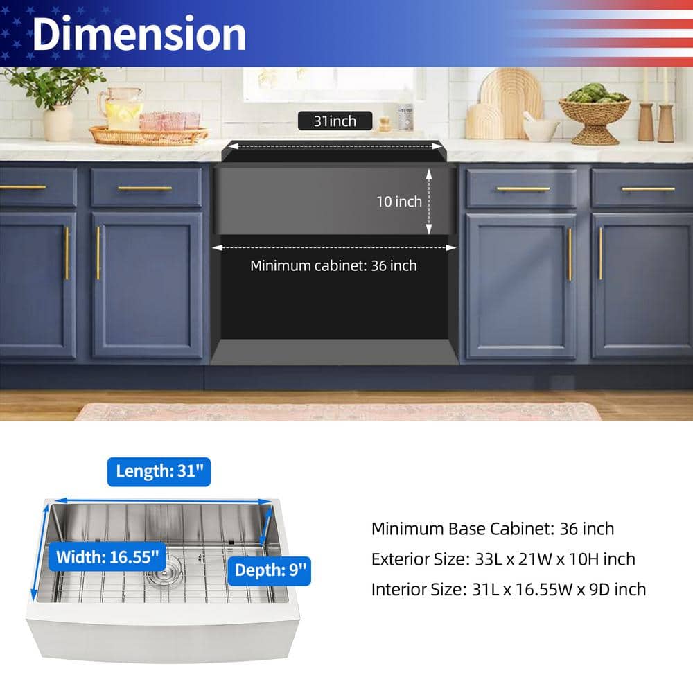 33'' Brushed Nickel Stainless Steel Farmhouse Kitchen Sink