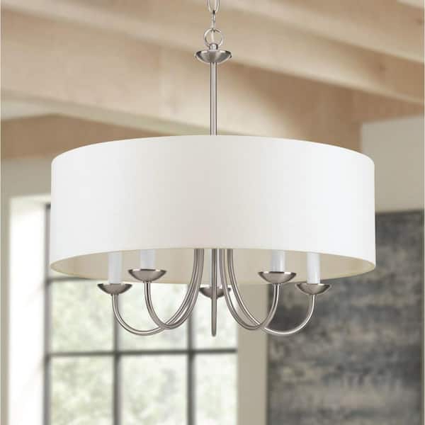 Progress Lighting Drum Shade Collection 5-Light Brushed Nickel White Textured Linen Shade Farmhouse Chandelier Light
