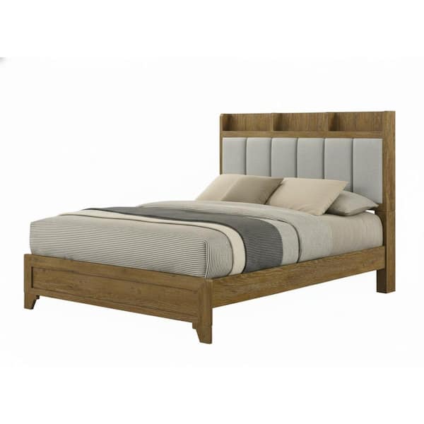 Lennon Light Aspen Brown Wood Frame King Size Platform Bed with USB port and Drawer