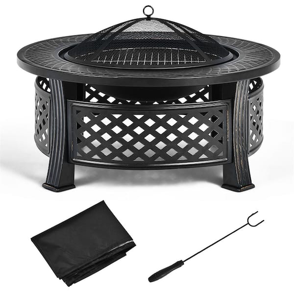 Honey Joy 32 In. Black Metal Round Multifunctional Outdoor Fire Pit Set 