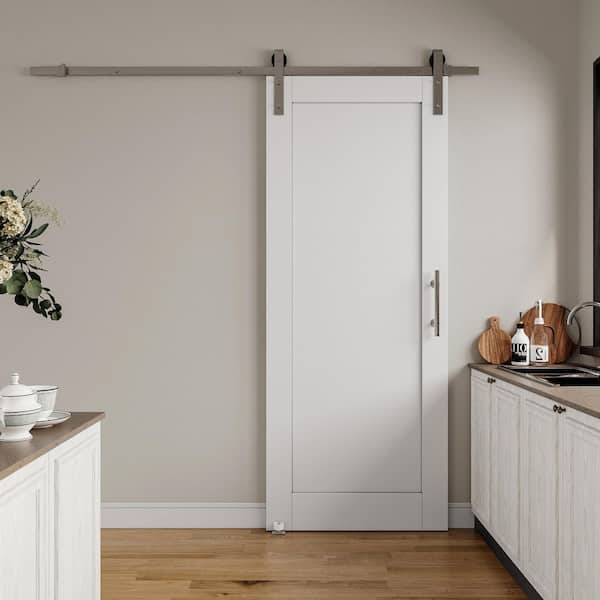 32 in. x 84 in. White 1-Panel Blank Solid Core Composite MDF Primed Sliding Barn Door with Hardware Kit Nickel Plated