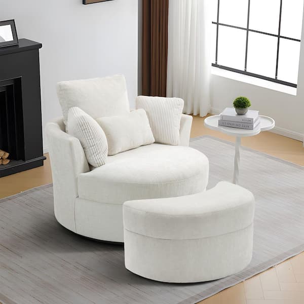 Beige Cotton Upholstered 360° Swivel Accent Barrel Chair with Storage Ottoman and Corduroy Pillows (Set of 1)