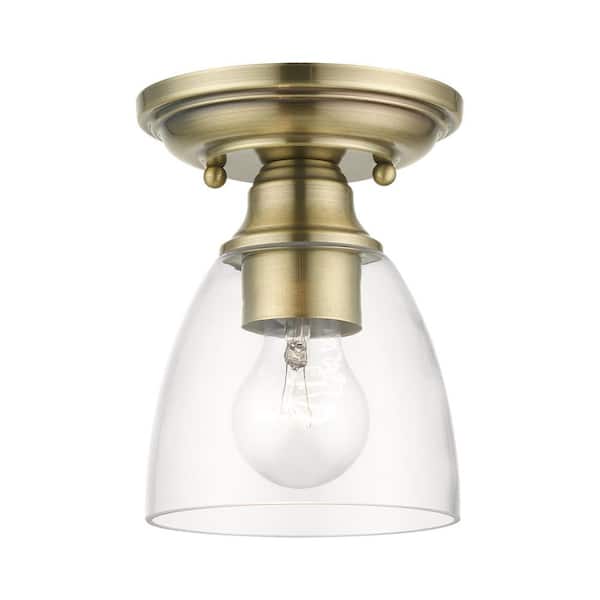 AVIANCE LIGHTING Grandview 5.375 in. 1-Light Antique Brass Petite Semi Flush Mount with Clear Glass