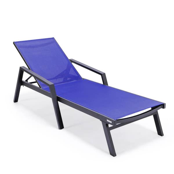 Leisuremod Marlin Modern Black Aluminum Outdoor Chaise Lounge Chair With Arms and Fire Pit Table (Navy Blue)