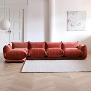 130.7 in. Comfy Floor Level Minimalism 4-Seat Sofa Flared Arm Wide Bread Shape Chenille Thick Couch with Ottoman, Orange