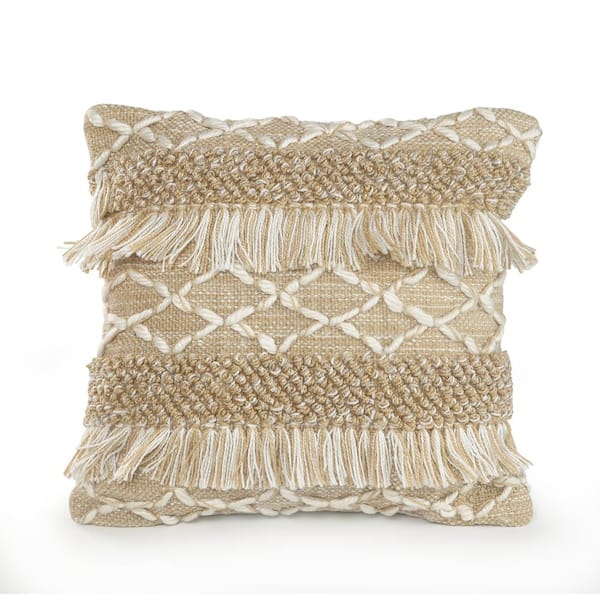 LR Home Rustic Beige / White Neutral 20 in. x 20 in. Fringe Geometric Standard Indoor/Outdoor Throw Pillow